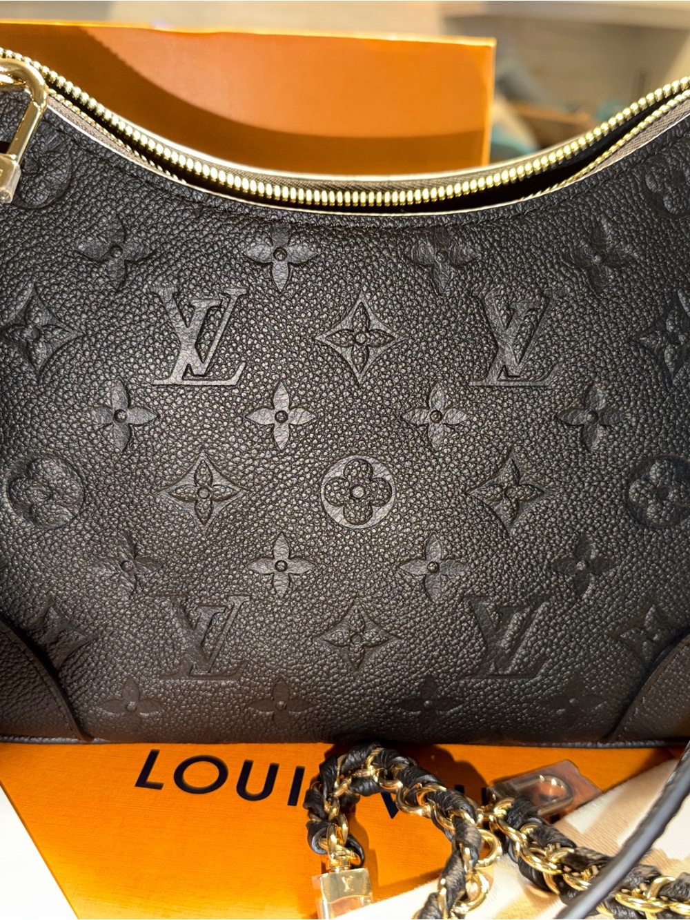 Louis Vuitton Black Embossed Monogram Shoulder Bag with Gold Hardware